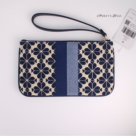 Kate Spade Spade Flower Jacquard Stripe Pouch Wristlet Blue Multi - Picture 3 of 5